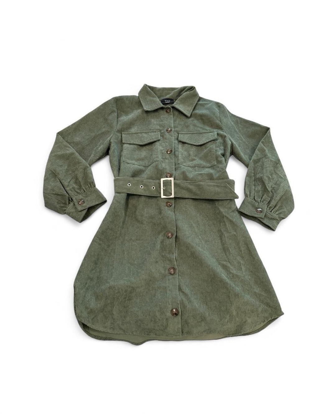 VICI Green Corduroy Belted Mini Shirt Dress